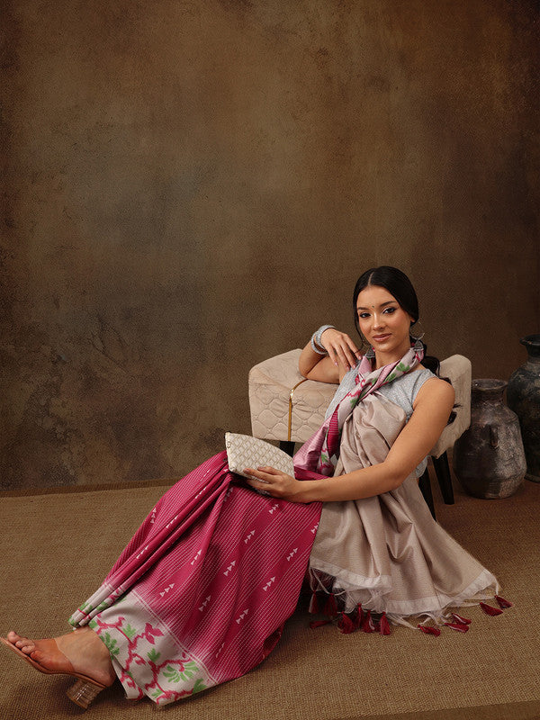 Maroon Silk Blend Digital Print Striped Saree with Unstitched Blouse - Hiral Fashion