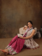 Maroon Silk Blend Digital Print Striped Saree with Unstitched Blouse - Hiral Fashion