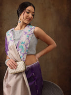 Purple Silk Blend Digital Print Striped Saree with Unstitched Blouse - Hiral Fashion