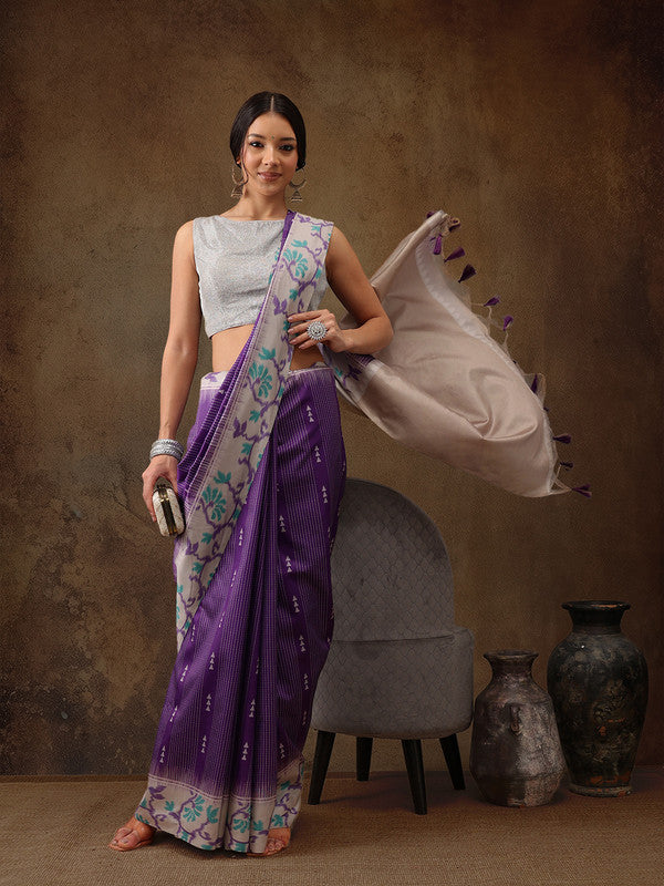 Purple Silk Blend Digital Print Striped Saree with Unstitched Blouse - Hiral Fashion
