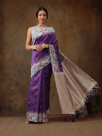 Purple Silk Blend Digital Print Striped Saree with Unstitched Blouse - Hiral Fashion