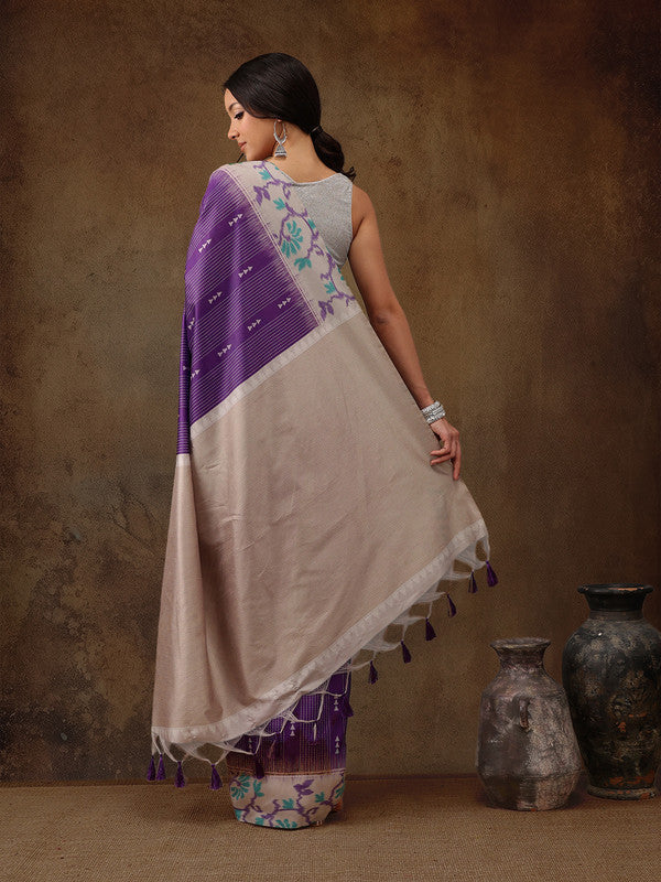Purple Silk Blend Digital Print Striped Saree with Unstitched Blouse - Hiral Fashion