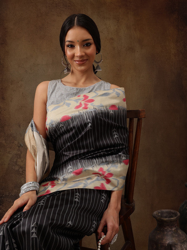 Black Silk Blend Digital Print Striped Saree with Unstitched Blouse - Hiral Fashion