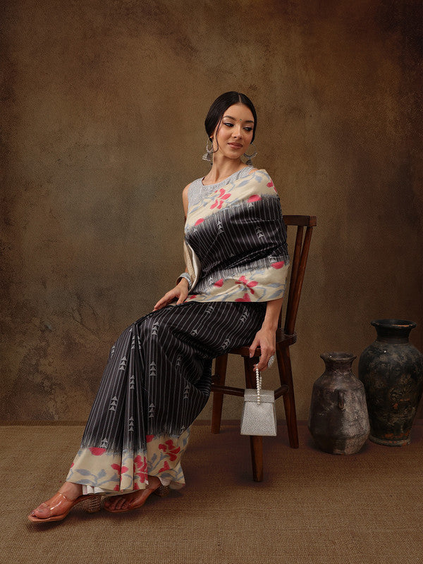 Black Silk Blend Digital Print Striped Saree with Unstitched Blouse - Hiral Fashion