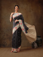 Black Silk Blend Digital Print Striped Saree with Unstitched Blouse - Hiral Fashion