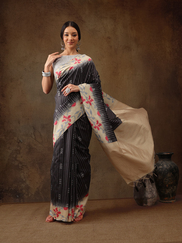 Black Silk Blend Digital Print Striped Saree with Unstitched Blouse - Hiral Fashion