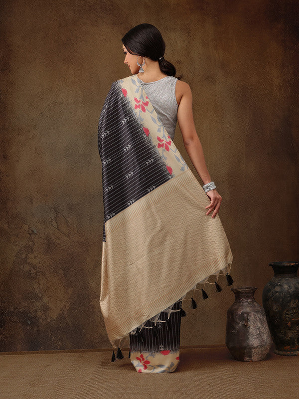 Black Silk Blend Digital Print Striped Saree with Unstitched Blouse - Hiral Fashion