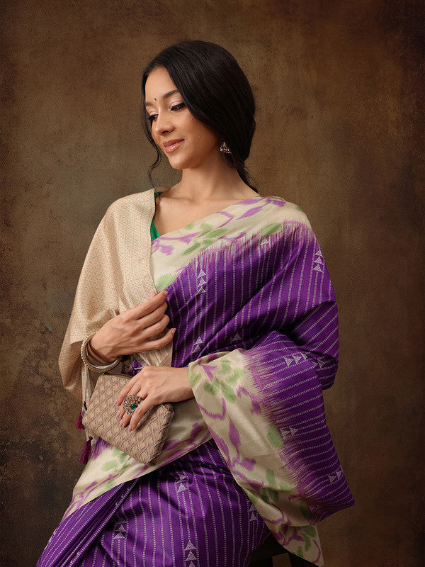 Purple Silk Blend Digital Print Striped Saree with Unstitched Blouse - Hiral Fashion