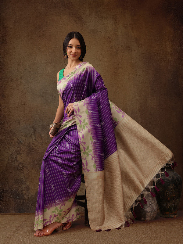 Purple Silk Blend Digital Print Striped Saree with Unstitched Blouse - Hiral Fashion