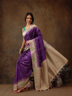 Purple Silk Blend Digital Print Striped Saree with Unstitched Blouse - Hiral Fashion