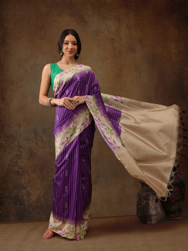 Purple Silk Blend Digital Print Striped Saree with Unstitched Blouse - Hiral Fashion