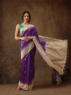 Purple Silk Blend Digital Print Striped Saree with Unstitched Blouse - Hiral Fashion