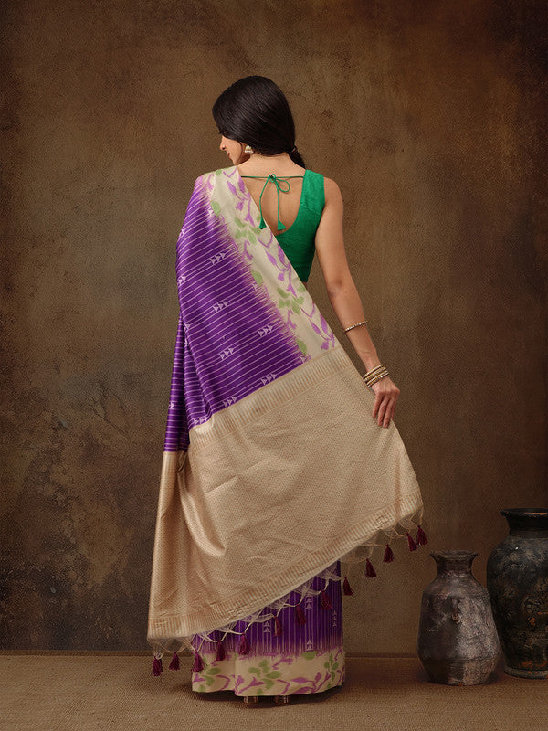 Purple Silk Blend Digital Print Striped Saree with Unstitched Blouse - Hiral Fashion
