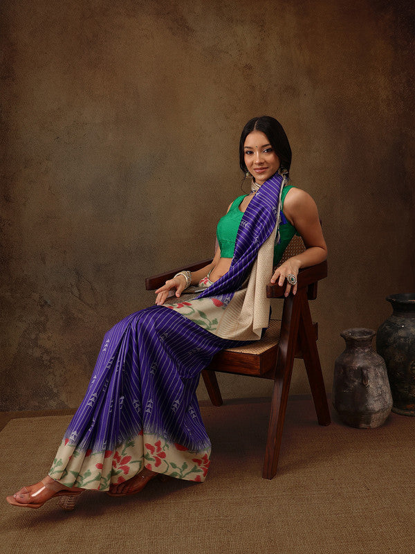 Royal Blue Silk Blend Digital Print Striped Saree with Unstitched Blouse - Hiral Fashion
