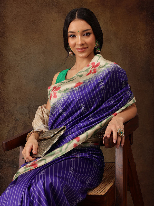 Royal Blue Silk Blend Digital Print Striped Saree with Unstitched Blouse - Hiral Fashion