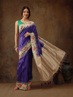 Royal Blue Silk Blend Digital Print Striped Saree with Unstitched Blouse - Hiral Fashion