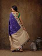 Royal Blue Silk Blend Digital Print Striped Saree with Unstitched Blouse - Hiral Fashion