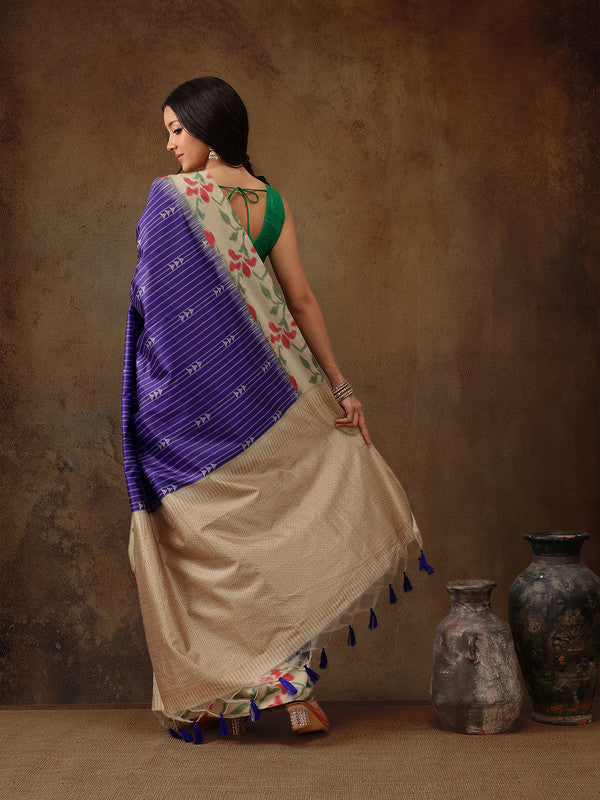 Royal Blue Silk Blend Digital Print Striped Saree with Unstitched Blouse - Hiral Fashion