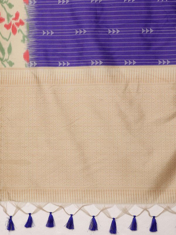Royal Blue Silk Blend Digital Print Striped Saree with Unstitched Blouse - Hiral Fashion