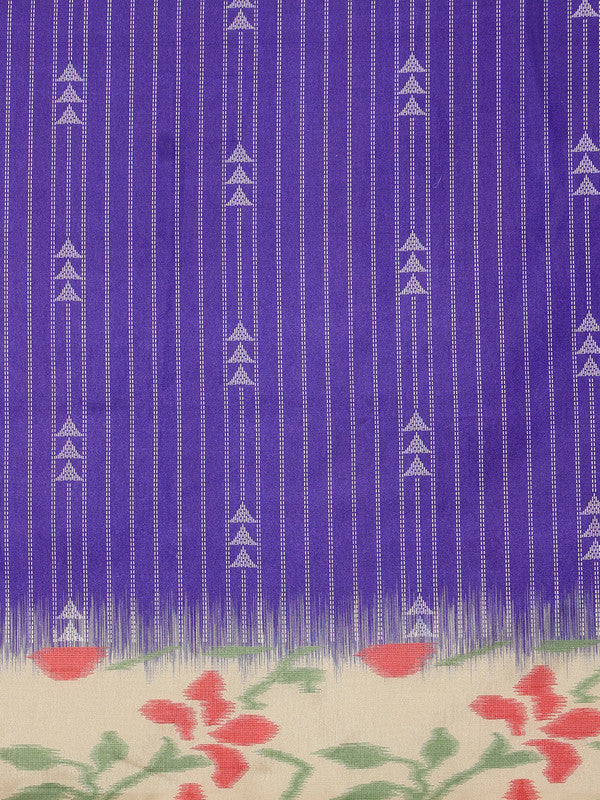 Royal Blue Silk Blend Digital Print Striped Saree with Unstitched Blouse - Hiral Fashion