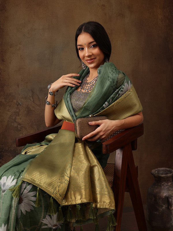 Green Munga Silk Digital Print Floral Saree with Unstitched Blouse - Hiral Fashion