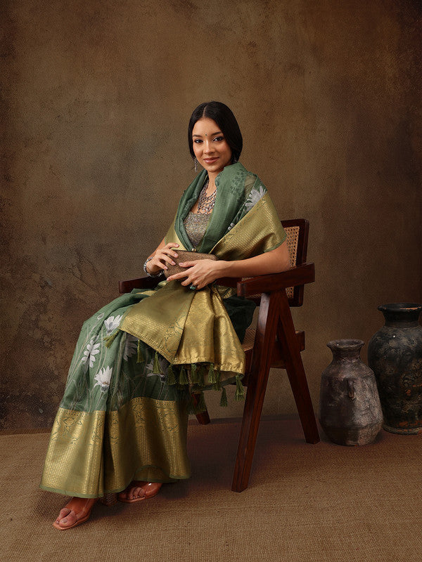 Green Munga Silk Digital Print Floral Saree with Unstitched Blouse - Hiral Fashion