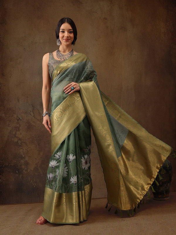Green Munga Silk Digital Print Floral Saree with Unstitched Blouse - Hiral Fashion