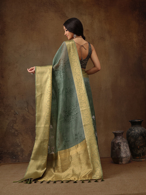Green Munga Silk Digital Print Floral Saree with Unstitched Blouse - Hiral Fashion