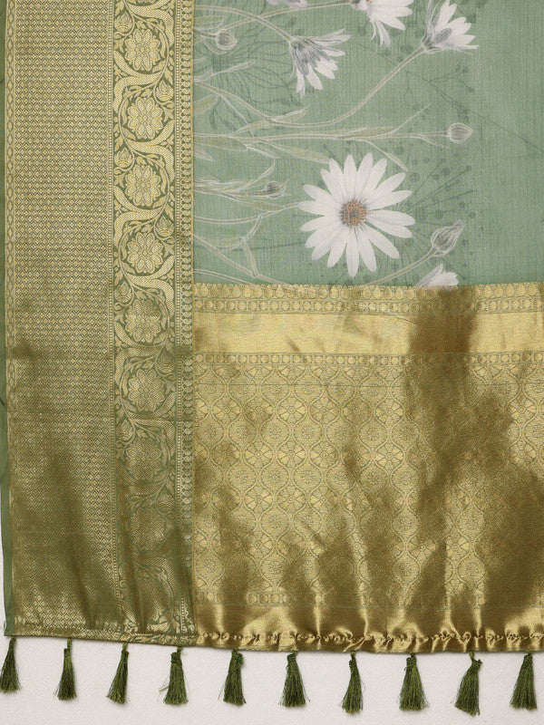 Green Munga Silk Digital Print Floral Saree with Unstitched Blouse - Hiral Fashion
