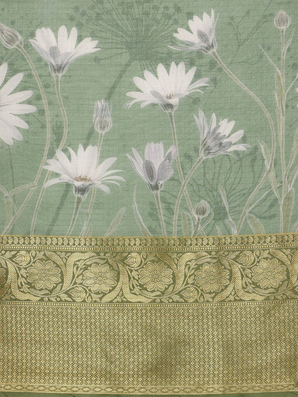 Green Munga Silk Digital Print Floral Saree with Unstitched Blouse - Hiral Fashion