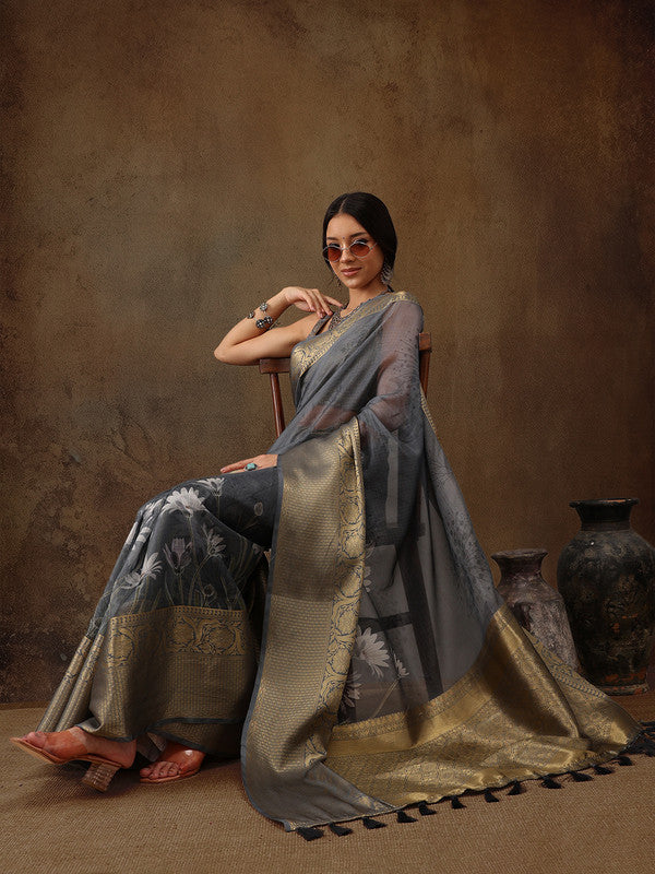 Gray Munga Silk Digital Print Floral Saree with Unstitched Blouse - Hiral Fashion