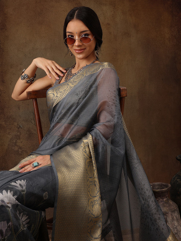 Gray Munga Silk Digital Print Floral Saree with Unstitched Blouse - Hiral Fashion