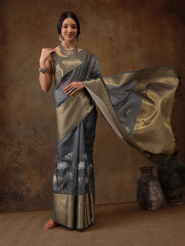 Gray Munga Silk Digital Print Floral Saree with Unstitched Blouse - Hiral Fashion