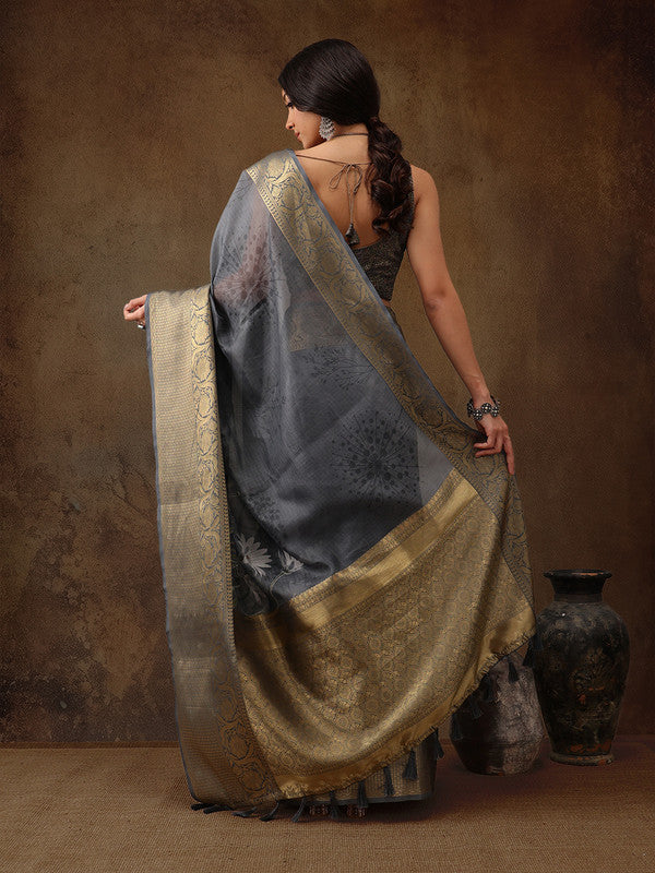 Gray Munga Silk Digital Print Floral Saree with Unstitched Blouse - Hiral Fashion