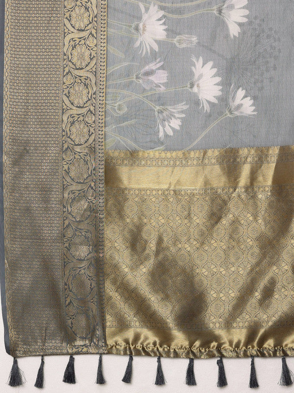 Gray Munga Silk Digital Print Floral Saree with Unstitched Blouse - Hiral Fashion