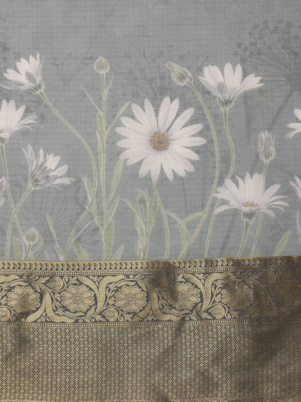 Gray Munga Silk Digital Print Floral Saree with Unstitched Blouse - Hiral Fashion