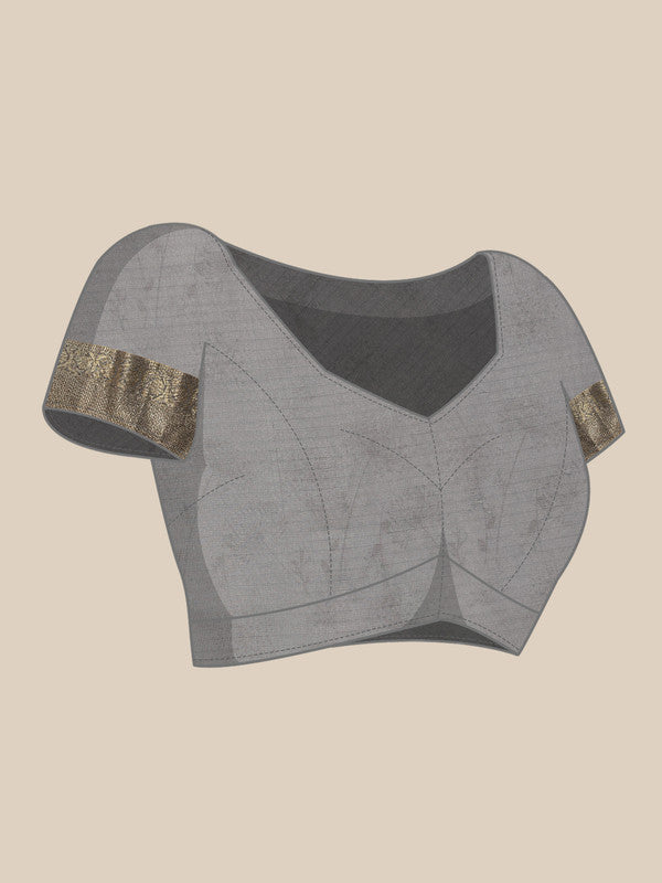 Gray Munga Silk Digital Print Floral Saree with Unstitched Blouse - Hiral Fashion