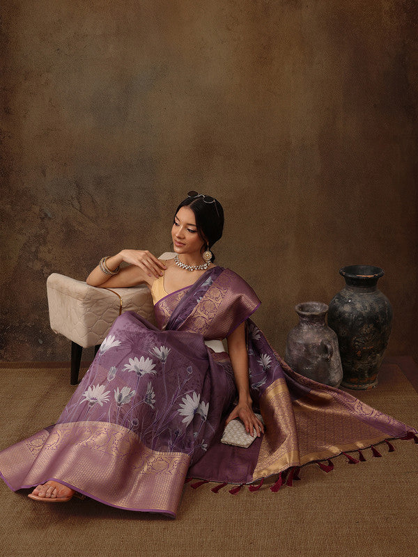 Lavender Munga Silk Digital Print Floral Saree with Unstitched Blouse - Hiral Fashion