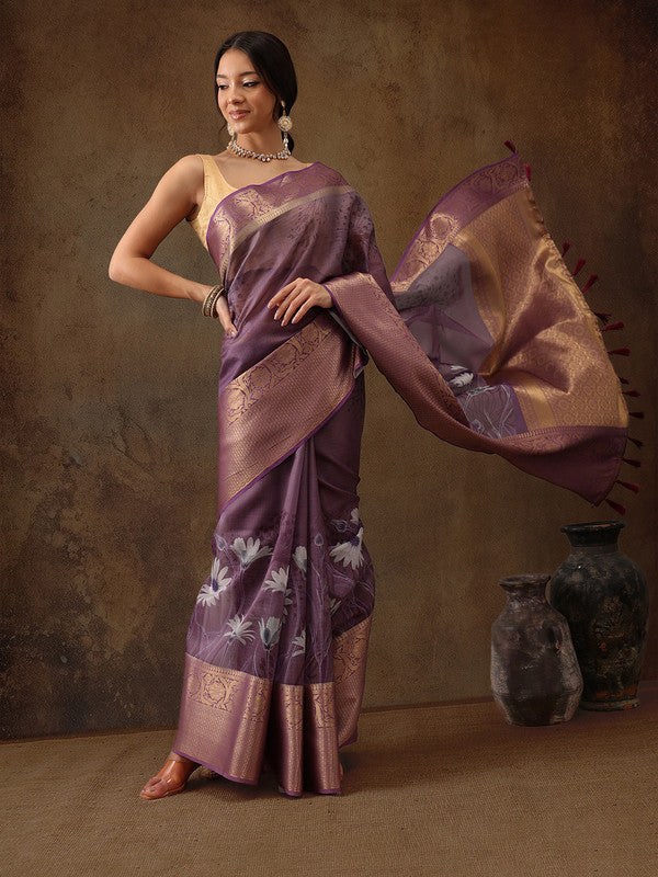 Lavender Munga Silk Digital Print Floral Saree with Unstitched Blouse - Hiral Fashion