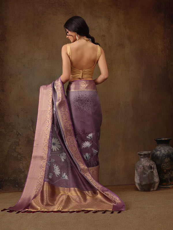 Lavender Munga Silk Digital Print Floral Saree with Unstitched Blouse - Hiral Fashion