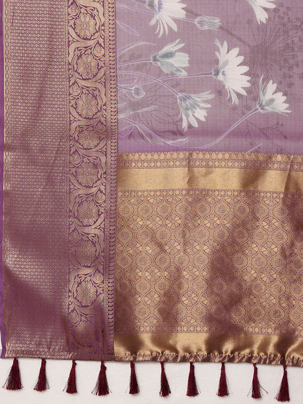Lavender Munga Silk Digital Print Floral Saree with Unstitched Blouse - Hiral Fashion