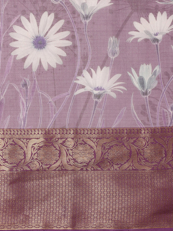 Lavender Munga Silk Digital Print Floral Saree with Unstitched Blouse - Hiral Fashion