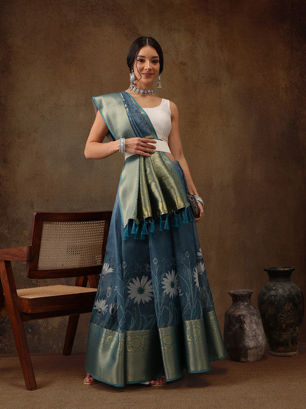Turquoise Munga Silk Digital Print Floral Saree with Unstitched Blouse - Hiral Fashion