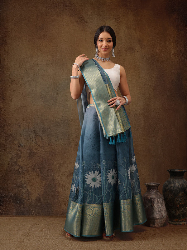 Turquoise Munga Silk Digital Print Floral Saree with Unstitched Blouse - Hiral Fashion