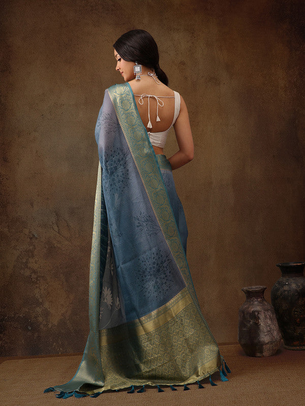 Turquoise Munga Silk Digital Print Floral Saree with Unstitched Blouse - Hiral Fashion