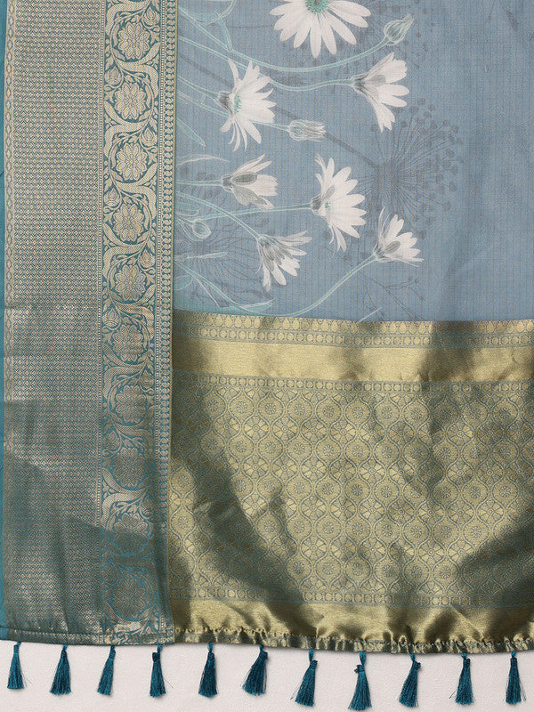 Turquoise Munga Silk Digital Print Floral Saree with Unstitched Blouse - Hiral Fashion