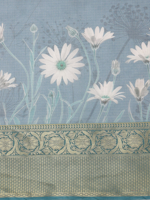 Turquoise Munga Silk Digital Print Floral Saree with Unstitched Blouse - Hiral Fashion