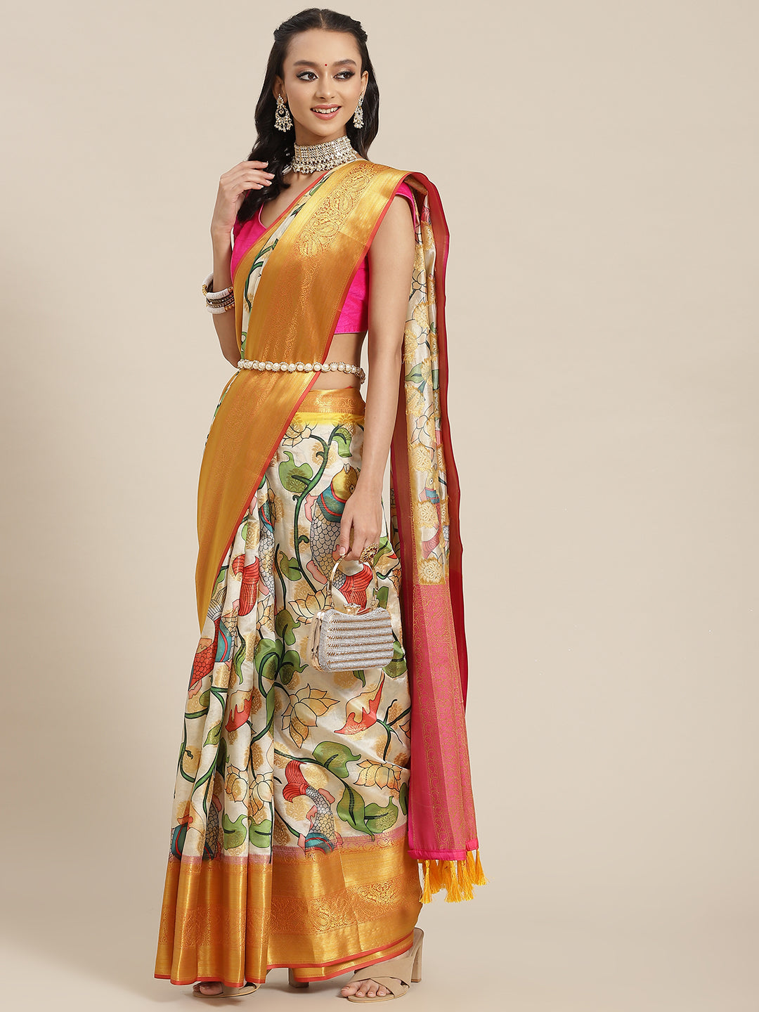 Multicolor Art Silk Digital Print Floral Saree with Unstitched Blouse - Hiral Fashion