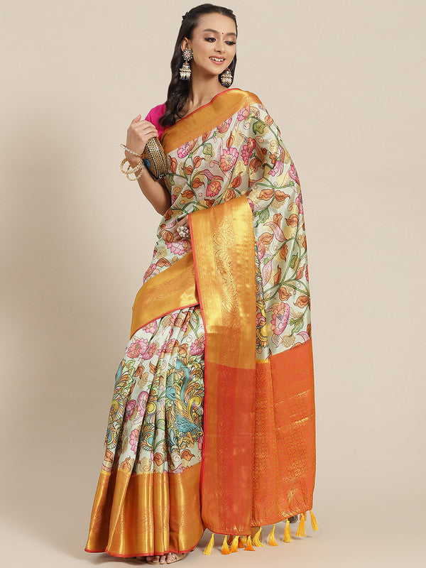 Multicolor Art Silk Digital Print Floral Saree with Unstitched Blouse - Hiral Fashion
