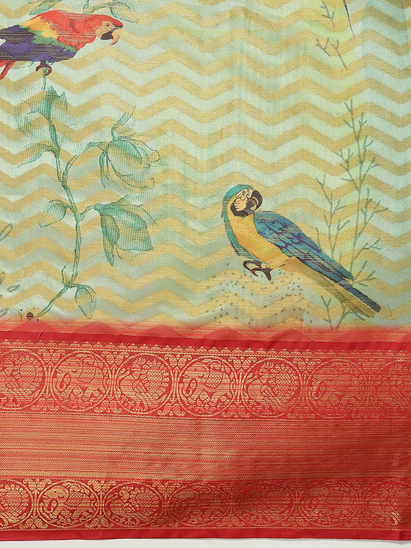 Green Art Silk Printed Abstract Saree with Unstitched Blouse - Hiral Fashion